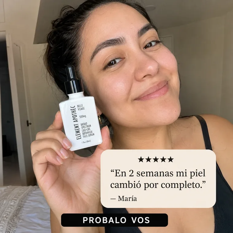 Anuncio testimonio: una persona sostiene el serum junto a una reseña de 5 estrellas de María